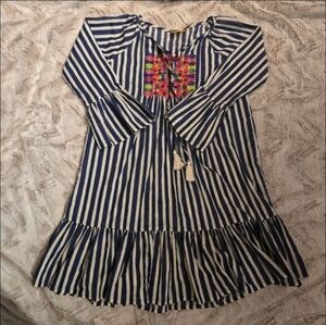 Roller Rabbit Blue White Striped Cover Up [Medium] 100% Cotton Boho Embroidery